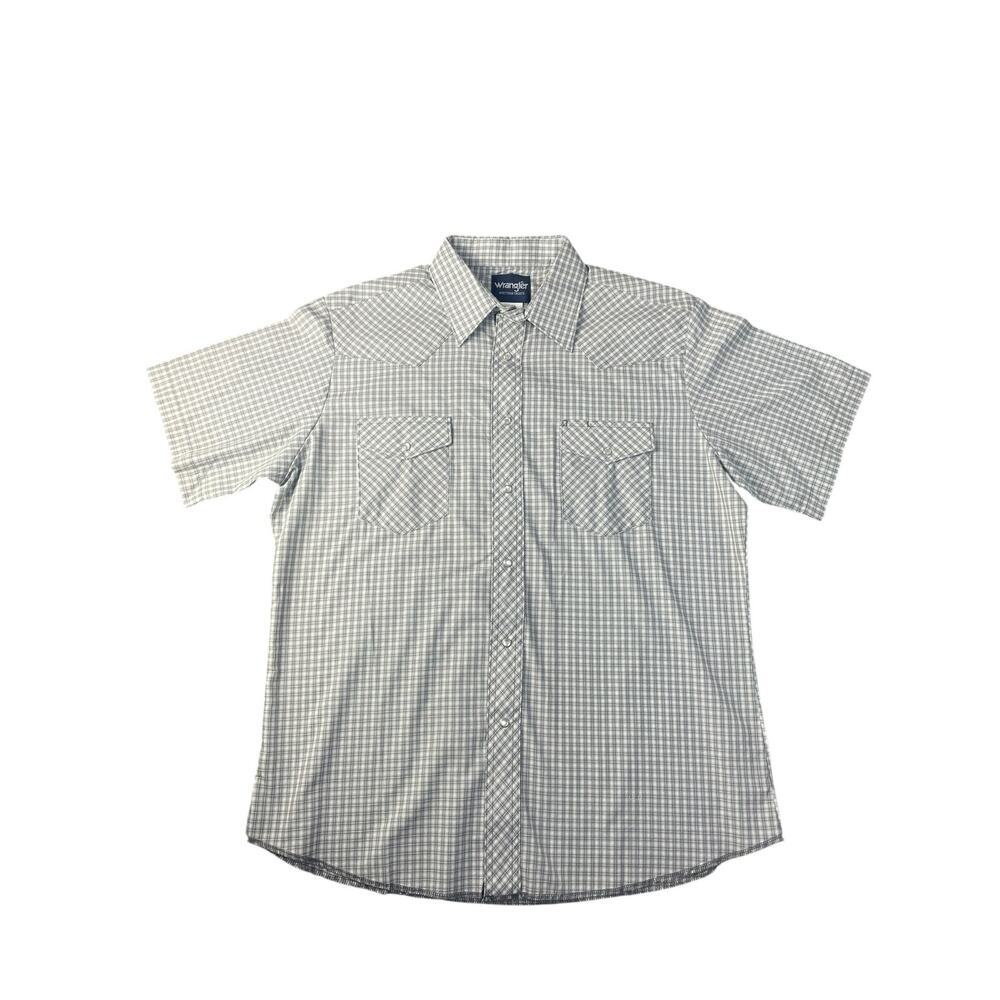 NWOT Wrangler Western Men’s Large Gray/White Plaid Pearl Snap Shirt